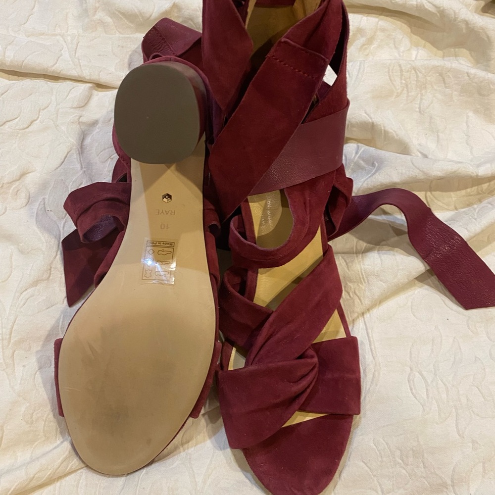 Beautiful burgundy suede Raye sandals with round heels